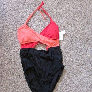 NWT Eco Beach XL Black Coral Red One Piece Halter Tie Swimsuit Pad Bra Peephole